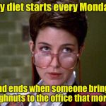 The three hour diet | My diet starts every Monday; And ends when someone brings doughnuts to the office that morning | image tagged in there's something very strange about that man,memes,dieting,diet,oh wow doughnuts | made w/ Imgflip meme maker