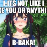 Textbook Tsundere (#2) | I-ITS NOT LIKE I LIKE YOU OR ANYTHING; B-BAKA! | image tagged in anime,tsundere,blushing,memes,anime meme | made w/ Imgflip meme maker