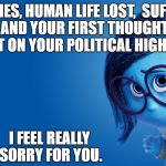 Sadness: People Politicizing Disasters and Brutality. | TRAGEDIES, HUMAN LIFE LOST,  SUFFERING.  AND YOUR FIRST THOUGHT IS TO GET ON YOUR POLITICAL HIGH HORSE? I FEEL REALLY SORRY FOR YOU. | image tagged in sadness,politics,guns,nra,trump,liberal logic | made w/ Imgflip meme maker