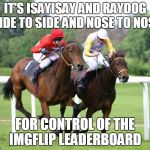 How to describe two imgflip uses who are racing to get to the top | IT'S ISAYISAY AND RAYDOG SIDE TO SIDE AND NOSE TO NOSE; FOR CONTROL OF THE IMGFLIP LEADERBOARD | image tagged in two horses racing,funny,isayisay,raydog,imgflip users,meme wars | made w/ Imgflip meme maker