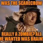 Scarecrow | WAS THE SCARECROW; REALLY A ZOMBIE? ALL HE WANTED WAS BRAINS | image tagged in scarecrow | made w/ Imgflip meme maker