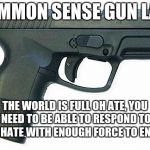 Pistol | COMMON SENSE GUN LAW; THE WORLD IS FULL OH ATE, YOU NEED TO BE ABLE TO RESPOND TO THE HATE WITH ENOUGH FORCE TO END IT. | image tagged in pistol | made w/ Imgflip meme maker