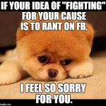 Fighting on fb is NOT the way to "win." | IF YOUR IDEA OF "FIGHTING" FOR YOUR CAUSE IS TO RANT ON FB, I FEEL SO SORRY FOR YOU. | image tagged in sad,fb,facebook,liberals,conservatives | made w/ Imgflip meme maker