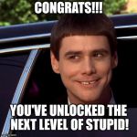 Dumb and Dumber | CONGRATS!!! YOU'VE UNLOCKED THE NEXT LEVEL OF STUPID! | image tagged in dumb and dumber | made w/ Imgflip meme maker
