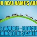 There's a reason he kept it quiet... :) | YOUR REAL NAME'S ADAM? DON'T WORRY - RIDICULE IS NOTHING TO BE SCARED OF... | image tagged in immigrant invading ants,memes,adam ant,music,animals,ants | made w/ Imgflip meme maker