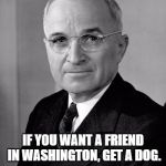 Harry Truman | IF YOU WANT A FRIEND IN WASHINGTON, GET A DOG. HARRY TRUMAN | image tagged in harry truman | made w/ Imgflip meme maker