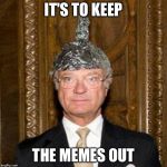 Do you like my hat? | IT'S TO KEEP; THE MEMES OUT | image tagged in tinfoil hat guy | made w/ Imgflip meme maker