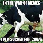 Udderly wrong | IN THE WAR OF MEMES; I'M A SUCKER FOR COWS | image tagged in cow,milk | made w/ Imgflip meme maker