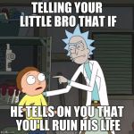 rick and morty | TELLING YOUR LITTLE BRO THAT IF; HE TELLS ON YOU THAT YOU'LL RUIN HIS LIFE | image tagged in rick and morty | made w/ Imgflip meme maker