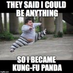 Fat kid jump kick | THEY SAID I COULD BE ANYTHING; SO I BECAME KUNG-FU PANDA | image tagged in fat kid jump kick | made w/ Imgflip meme maker