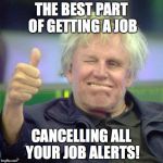 Busey Thumbs Up | THE BEST PART OF GETTING A JOB; CANCELLING ALL YOUR JOB ALERTS! | image tagged in busey thumbs up | made w/ Imgflip meme maker