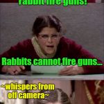 Rabbits MIGHT fire guns in some of the more twisted Bugs Bunny cartoons! | All of this talk about rabbit fire guns! Rabbits cannot fire guns... ~whispers from off camera~; Oh?! Well, then, NEVERMIND! | image tagged in bad pun gilda radner playing emily litella,guns,media,fake news | made w/ Imgflip meme maker