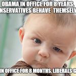 Confused baby  | OBAMA IN OFFICE FOR 8 YEARS, CONSERVATIVES BEHAVE  THEMSELVES. TRUMP IN OFFICE FOR 8 MONTHS, LIBERALS GO NUTS. | image tagged in confused baby | made w/ Imgflip meme maker