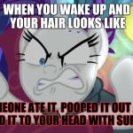 Drama queen | WHEN YOU WAKE UP AND YOUR HAIR LOOKS LIKE; SOMEONE ATE IT, POOPED IT OUT AND STICKED IT TO YOUR HEAD WITH SUPERGLUE | image tagged in drama queen | made w/ Imgflip meme maker