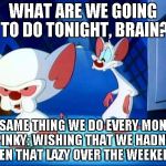 pinky and the brain monday | WHAT ARE WE GOING TO DO TONIGHT, BRAIN? THE SAME THING WE DO EVERY MONDAY, PINKY: WISHING THAT WE HADN'T BEEN THAT LAZY OVER THE WEEKEND. | image tagged in pinky and the brain monday | made w/ Imgflip meme maker