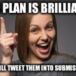 eureka face | HIS PLAN IS BRILLIANT! HE WILL TWEET THEM INTO SUBMISSION! | image tagged in eureka face | made w/ Imgflip meme maker