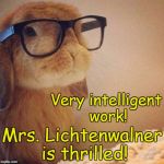 Hipster Bunny | Very intelligent work! Mrs. Lichtenwalner is thrilled! | image tagged in hipster bunny | made w/ Imgflip meme maker