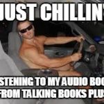 driving | JUST CHILLIN'; LISTENING TO MY AUDIO BOOK FROM TALKING BOOKS PLUS | image tagged in driving | made w/ Imgflip meme maker