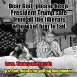 Timmy & Lassie Pray for President Trump
 | Dear God,  please keep President Trump safe; from all the liberals who want him to fail. Love, Timmy and Lassie; p.s. God, thanks for getting him elected | image tagged in timmy and lassie,trump,liberals,thank you | made w/ Imgflip meme maker