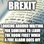 Brexit Fire alarm | BREXIT; LOOKING AROUND WAITING FOR SOMEONE TO LEAVE THE ROOM FIRST WHEN A FIRE ALARM GOES OFF | image tagged in brexit | made w/ Imgflip meme maker