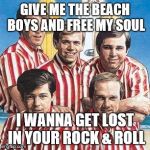 beach boys | GIVE ME THE BEACH BOYS AND FREE MY SOUL; I WANNA GET LOST IN YOUR ROCK & ROLL | image tagged in beach boys | made w/ Imgflip meme maker