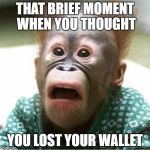 Scared monkey | THAT BRIEF MOMENT WHEN YOU THOUGHT; YOU LOST YOUR WALLET | image tagged in scared monkey | made w/ Imgflip meme maker