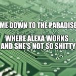 Artificial Inteli-Smarts. 
Take her home... She's ready reaper.. | TAKE ME DOWN TO THE PARADISE CITY; WHERE ALEXA WORKS   AND SHE'S NOT SO SHITTY | image tagged in alexa,amazon echo,funny,song lyrics,parody | made w/ Imgflip meme maker