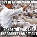 obama sheep | DON'T BE AN OBAMA-NATION; HONOR THE FLAG AND  THE COUNTRY OR GET OUT | image tagged in obama sheep | made w/ Imgflip meme maker