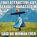 Look at all these attractive guys harassing me | THAT ATTRACTIVE GUY SEXUALLY HARASSED ME; SAID NO WOMAN EVER | image tagged in look at all these high-res | made w/ Imgflip meme maker
