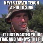Golf Caddy | NEVER TRY TO TEACH A PIG TO SING; IT JUST WASTES YOUR TIME AND ANNOYS THE PIG | image tagged in golf caddy | made w/ Imgflip meme maker