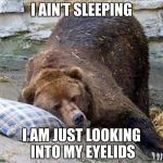 Not Sleeping | I AIN’T SLEEPING; I AM JUST LOOKING INTO MY EYELIDS | image tagged in sleep,memes,funny | made w/ Imgflip meme maker