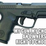 Pistol | MY GUN, MY CHOICE, AN OWNERS RIGHT TO CHOOSE. | image tagged in pistol | made w/ Imgflip meme maker