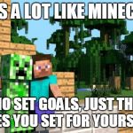 Happy hump day Minecraft  | LIFE IS A LOT LIKE MINECRAFT; NO SET GOALS, JUST THE ONES YOU SET FOR YOURSELF! | image tagged in happy hump day minecraft | made w/ Imgflip meme maker