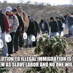 mexican immigration | THE SOLUTION TO ILLEGAL IMMIGRATION IS SIMPLE, USE THEM AS SLAVE LABOR AND NO ONE WILL COME. | image tagged in mexican immigration | made w/ Imgflip meme maker