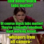 Might be a repost, but I guess that this is the week to do that! | All of this talk about black labs matter! Of course black labs matter! They're a friendly, obedient, hard working breed... ~whispers from off camera~; Oh, really? well, then, NEVERMIND! | image tagged in bad pun gilda radner playing emily litella,black lives matter,black labs,dogs,repost | made w/ Imgflip meme maker