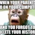 OH SHIT MONKEY | WHEN YOUR PARENTS GO ON YOUR COMPUTER; AND YOU FORGOT TO DELETE YOUR HISTORY | image tagged in oh shit monkey | made w/ Imgflip meme maker