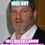 harvey weinstein | NICE GUY; JUST DOESN'T KNOW HOW TO EXPRESS HIMSELF | image tagged in harvey weinstein | made w/ Imgflip meme maker