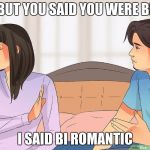 But... | BUT YOU SAID YOU WERE BI; I SAID BI ROMANTIC | image tagged in but | made w/ Imgflip meme maker
