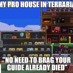 Terraria Roomy Room | MY PRO HOUSE IN TERRARIA; "NO NEED TO BRAG YOUR GUIDE ALREADY DIED" | image tagged in terraria roomy room | made w/ Imgflip meme maker