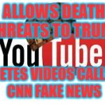 Liberal Hypocrisy | ALLOWS DEATH THREATS TO TRUMP; DELETES VIDEOS CALLING CNN FAKE NEWS | image tagged in scumbag youtube,scumbag | made w/ Imgflip meme maker