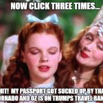 Dorothy | NOW CLICK THREE TIMES... SHIT!  MY PASSPORT GOT SUCKED UP BY THAT F'N TORNADO AND OZ IS ON TRUMPS TRAVEL BAN LIST! | image tagged in dorothy | made w/ Imgflip meme maker