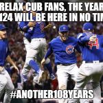 cubs win | RELAX CUB FANS, THE YEAR 2124 WILL BE HERE IN NO TIME; #ANOTHER108YEARS | image tagged in cubs win | made w/ Imgflip meme maker
