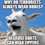 Zip Zip. | WHY DO TERRORISTS ALWAYS WEAR ROBES? BECAUSE GOATS CAN HEAR ZIPPERS | image tagged in memes,laughing goat | made w/ Imgflip meme maker