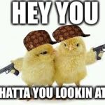 Thug life | HEY YOU; WHATTA YOU LOOKIN AT?! | image tagged in thug life,scumbag | made w/ Imgflip meme maker