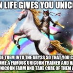 Cat unicorn | WHEN LIFE GIVES YOU UNICORNS; RIDE THEM INTO THE ABYSS SO THAT YOU CAN BECOME A FAMOUS UNICORN TRAINER AND HAVE A WHOLE UNICORN FARM AND TAKE CARE OF THEM AND YEAH | image tagged in cat unicorn | made w/ Imgflip meme maker