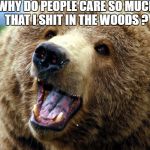 Smiling Bear | WHY DO PEOPLE CARE SO MUCH THAT I SHIT IN THE WOODS ? | image tagged in smiling bear | made w/ Imgflip meme maker