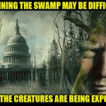 Drain The Swamp | DRAINING THE SWAMP MAY BE DIFFICULT; BUT THE CREATURES ARE BEING EXPOSED | image tagged in drain the swamp,trump,memes,creature from black lagoon,exposed | made w/ Imgflip meme maker