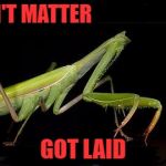 Totally worth it!!! Repost week Oct 15 - 21 ( A GotHighMadeAMeme and Pipe_Picasso event) | DOESN'T MATTER; GOT LAID | image tagged in headless mantis,stolen memes week,mantis,repost week,funny,praying mantis | made w/ Imgflip meme maker