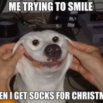 Smile Dog | ME TRYING TO SMILE; WHEN I GET SOCKS FOR CHRISTMAS | image tagged in smile dog | made w/ Imgflip meme maker