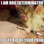 Cats vs dogs | I AM DOG EXTERMINATOR; HERE TO GET RID OF YOUR PROBLEMS | image tagged in cats vs dogs | made w/ Imgflip meme maker